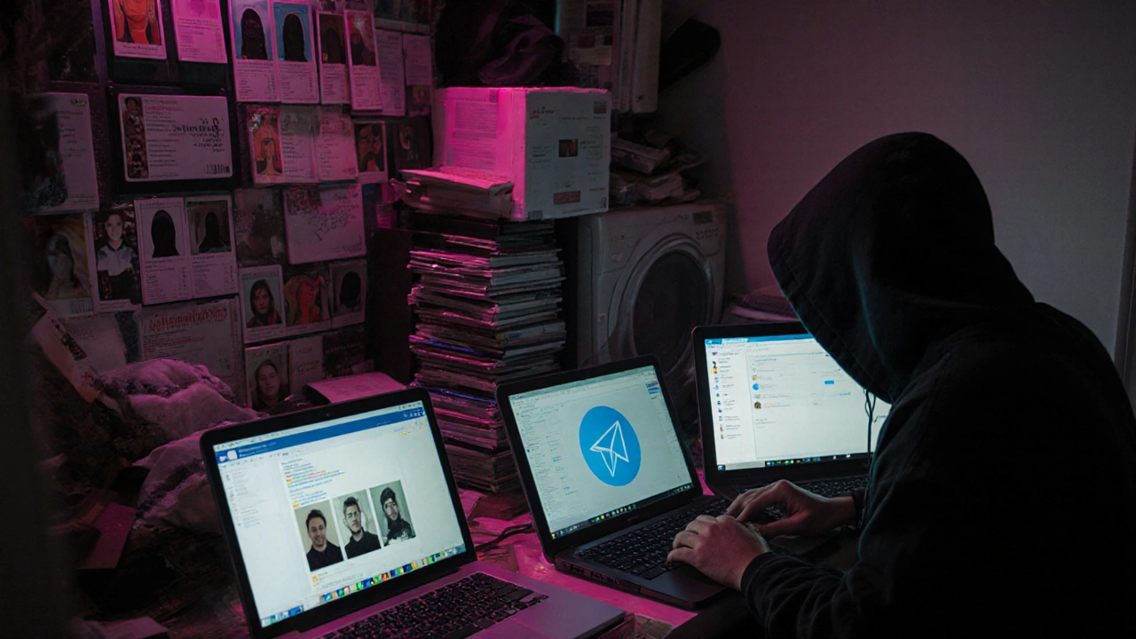 A cluttered apartment with fake IDs, laptops showing stolen photos, and glowing Telegram chats, symbolizing escort scams in Dubai.