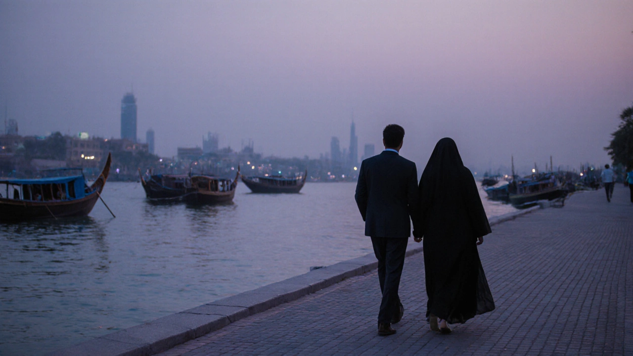 A couple walking peacefully along Dubai Creek at sunset, respecting cultural norms.