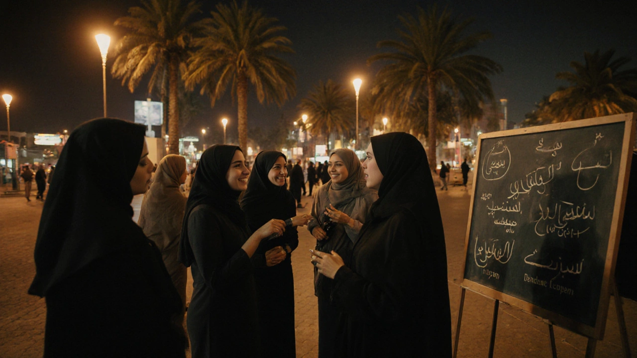 A diverse group engaging in a language exchange at Dubai&#039;s Alserkal Avenue.