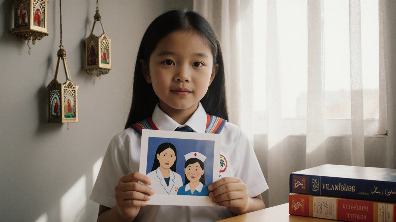 A Filipina girl in Dubai holds her mother’s photo beside cultural symbols of both Philippines and UAE, representing bicultural identity.