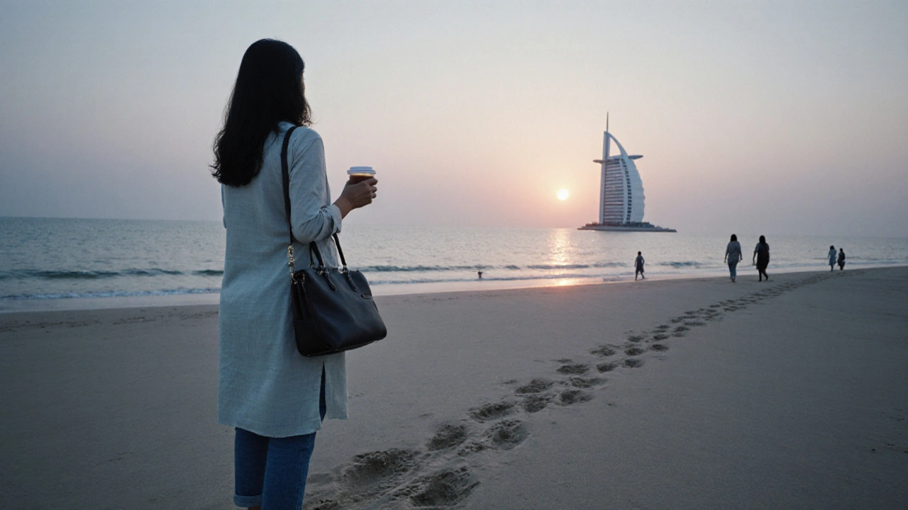A lone Indian woman on Jumeirah Beach at sunrise, holding chai and a laptop, symbolizing quiet strength and independence.