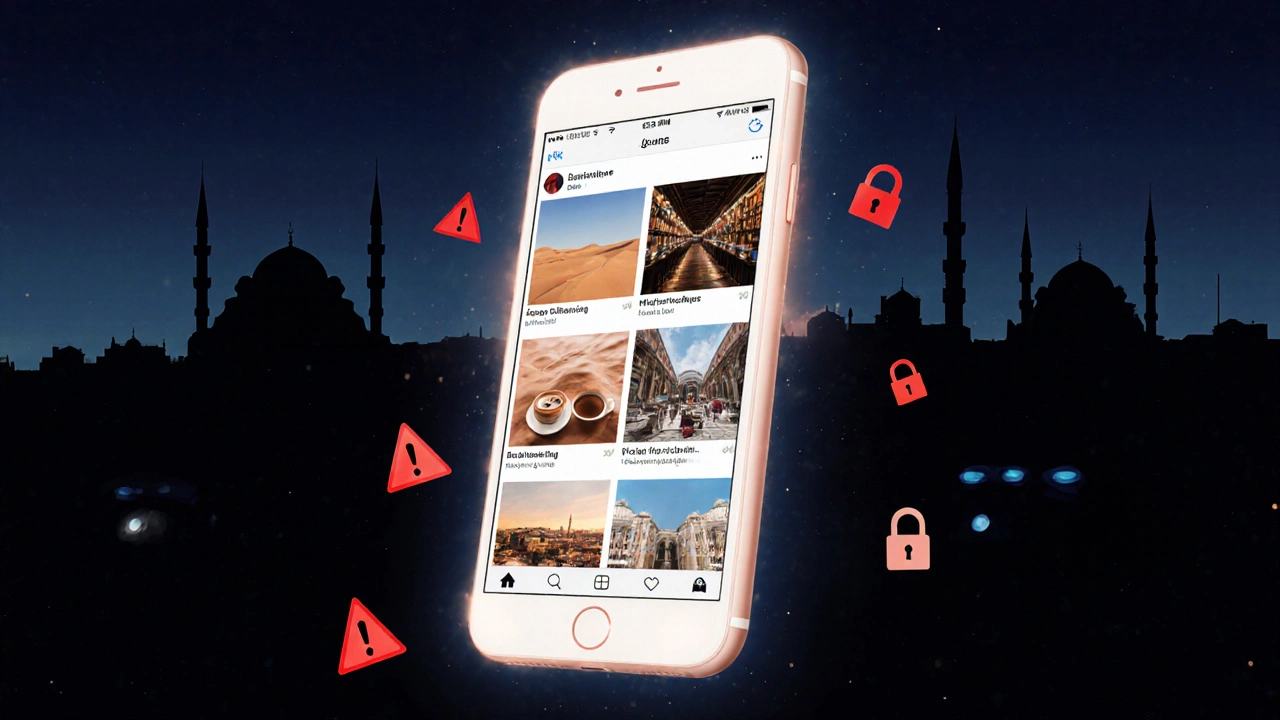 A smartphone screen shows innocent travel photos with hidden warning symbols, against a city skyline.