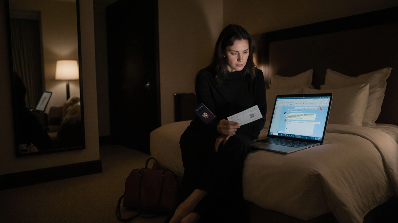A woman sits on a hotel bed holding her passport, lit by a laptop screen showing encrypted messages.