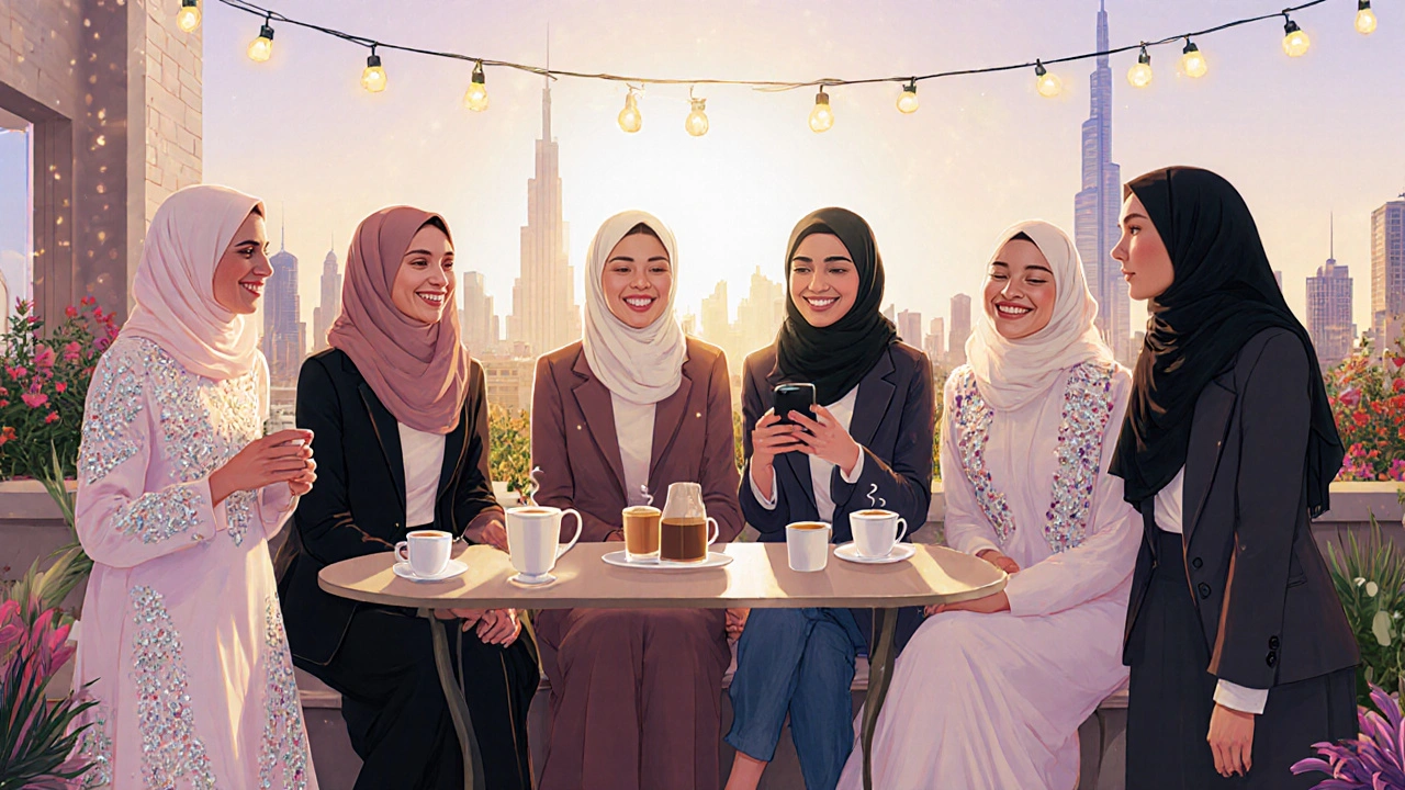 Diverse Arab women in stylish abayas socialize on a rooftop garden in Dubai at sunset.