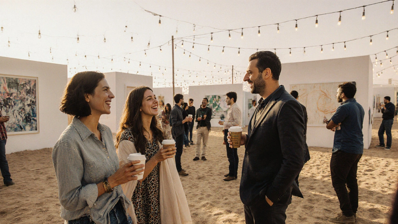 Diverse people enjoying art and conversation at an open-air gallery in Dubai, representing safe and genuine social connections.