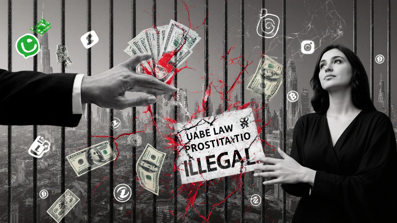Hands reach through dollar bills and digital icons, separated by a cracked legal statute labeled &#039;UAE Law&#039;.