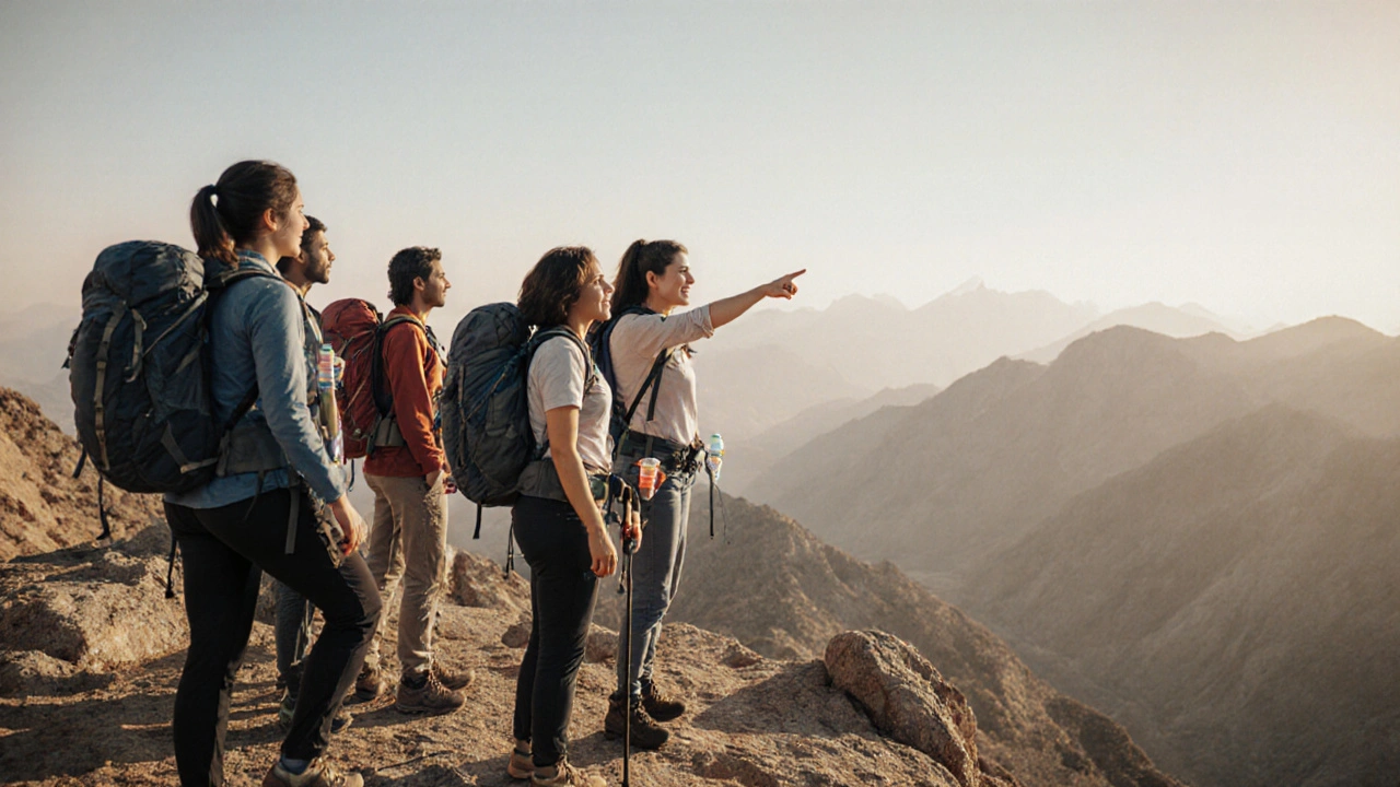 Hikers pausing on a mountain ridge in Jebel Jais, Dubai, enjoying the view with quiet camaraderie.