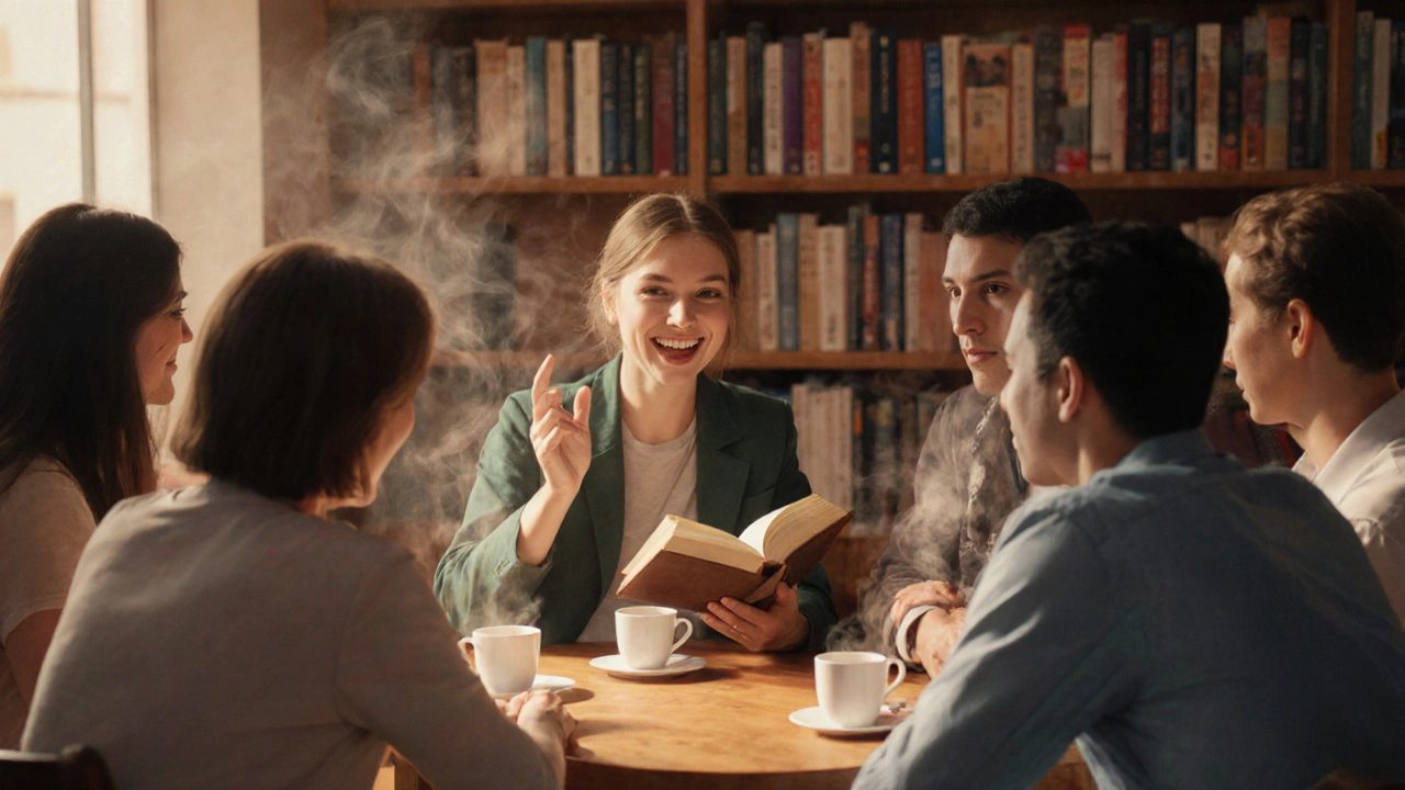 People engaged in a quiet book club discussion at a cozy café in Dubai, surrounded by books and warm light.