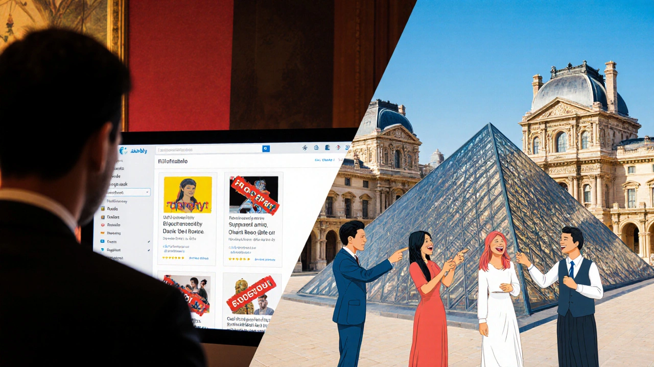 Split scene: shadowy scam ads on one side, vibrant cultural event on the other.