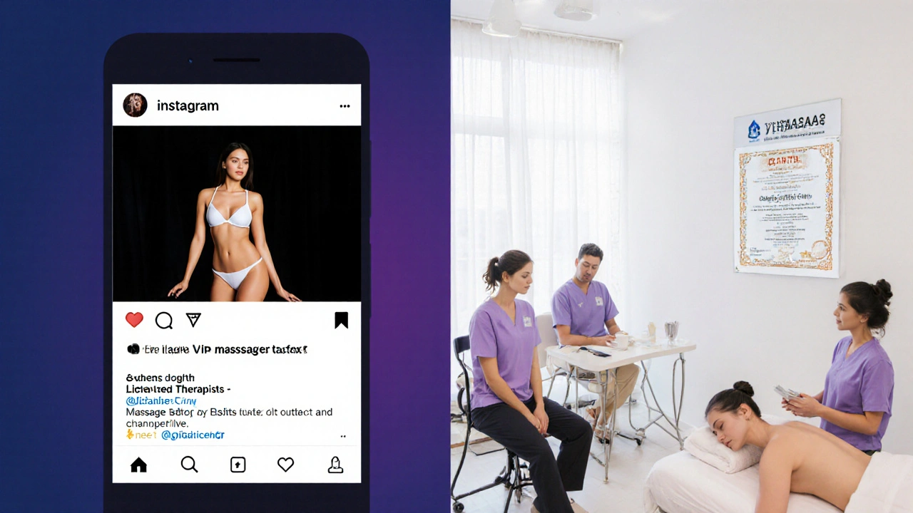 Split-screen image contrasting illegal massage ads with a legitimate wellness center displaying official certification.