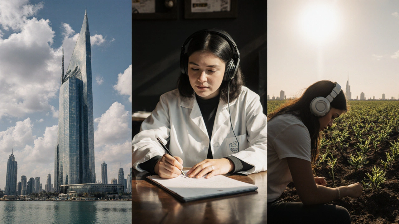 Three Arab women in Dubai pursuing science, art, and environmental work, united by sunlight.