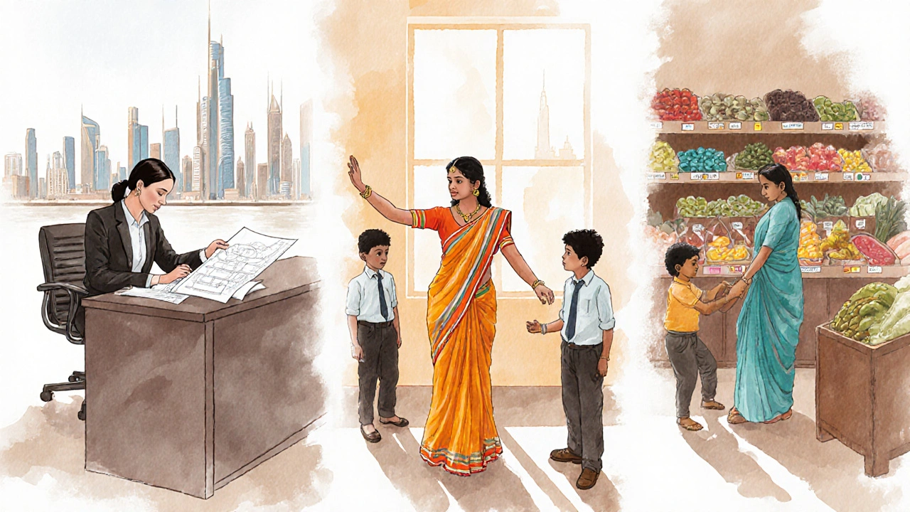 Three Indian women in Dubai working as an engineer, dance teacher, and shop owner against the city skyline.