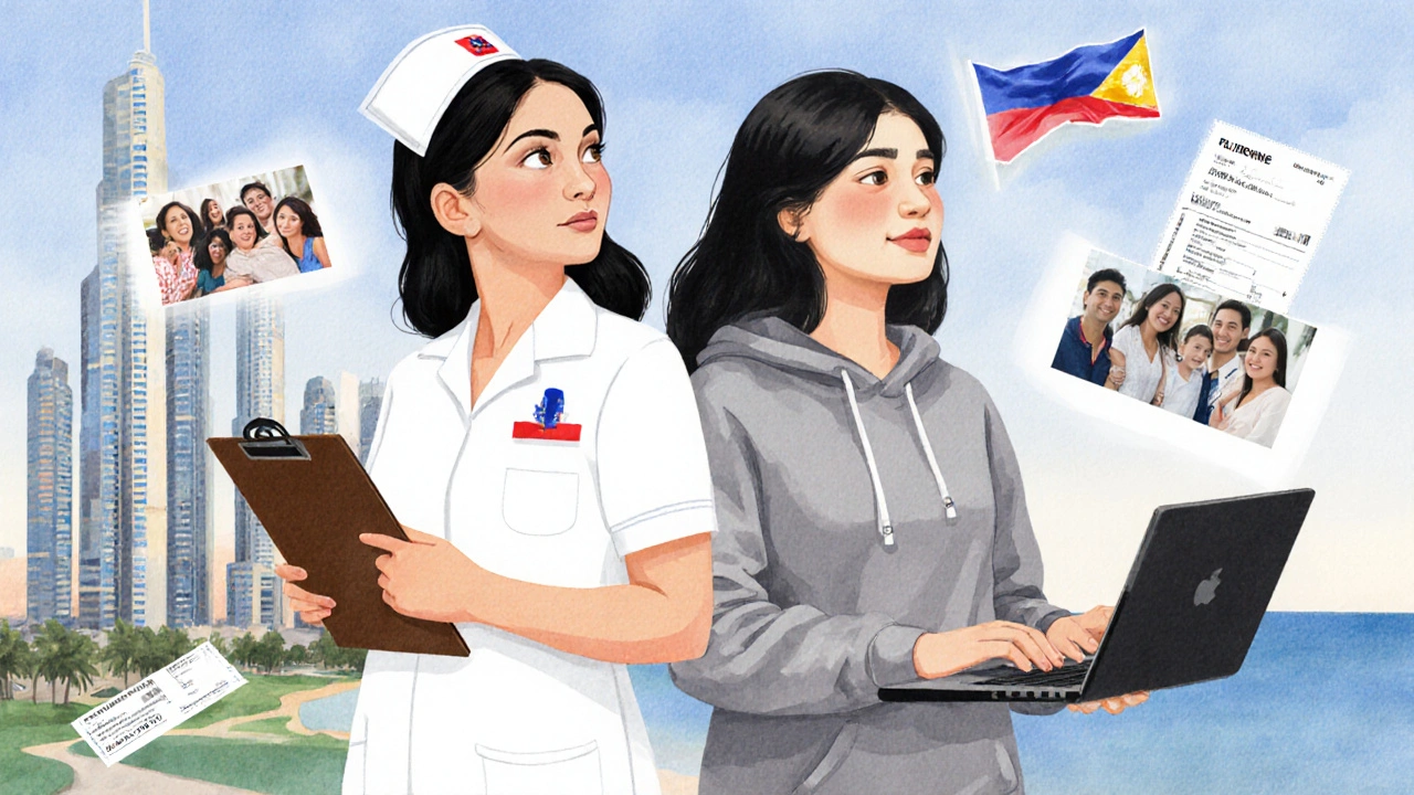 Two Filipina professionals—a nurse and a tech worker—standing confidently in Dubai, symbolizing diverse career paths beyond stereotypes.