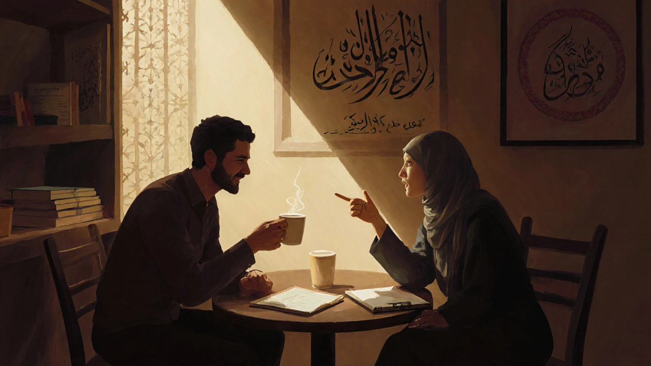 Two people converse warmly in a cozy Abu Dhabi café, surrounded by art and books, no phones in sight.