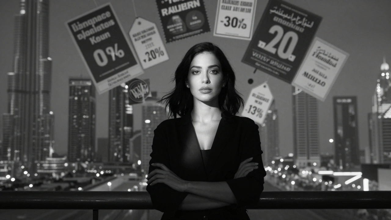 A confident woman stands lit by a single beam of light, with fading images of exploitative ads behind her in a conceptual portrait.