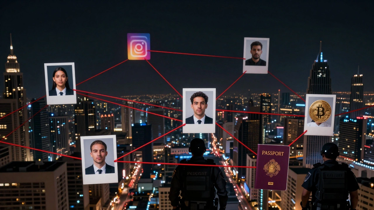 A dark web of red threads connects stolen photos, crypto payments, and a seized passport in Dubai.