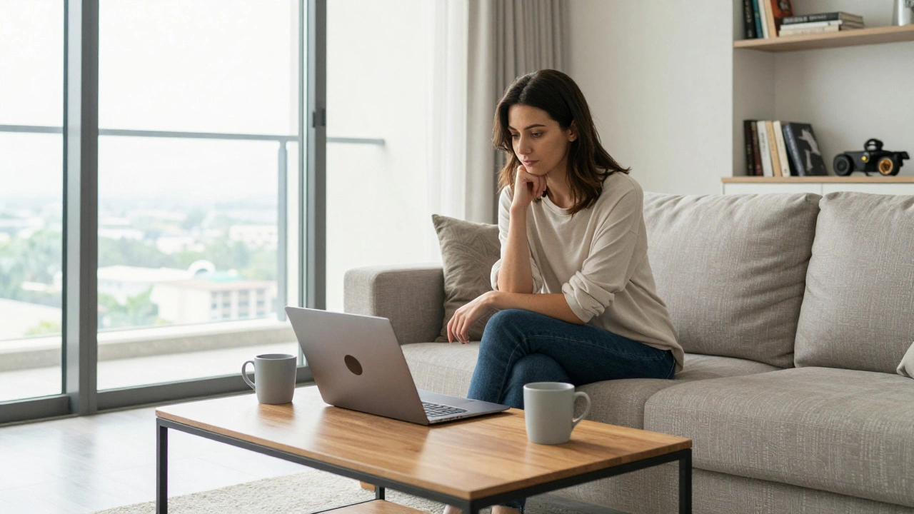 A euro escort and client share a quiet moment in a clean, modern Dubai apartment.