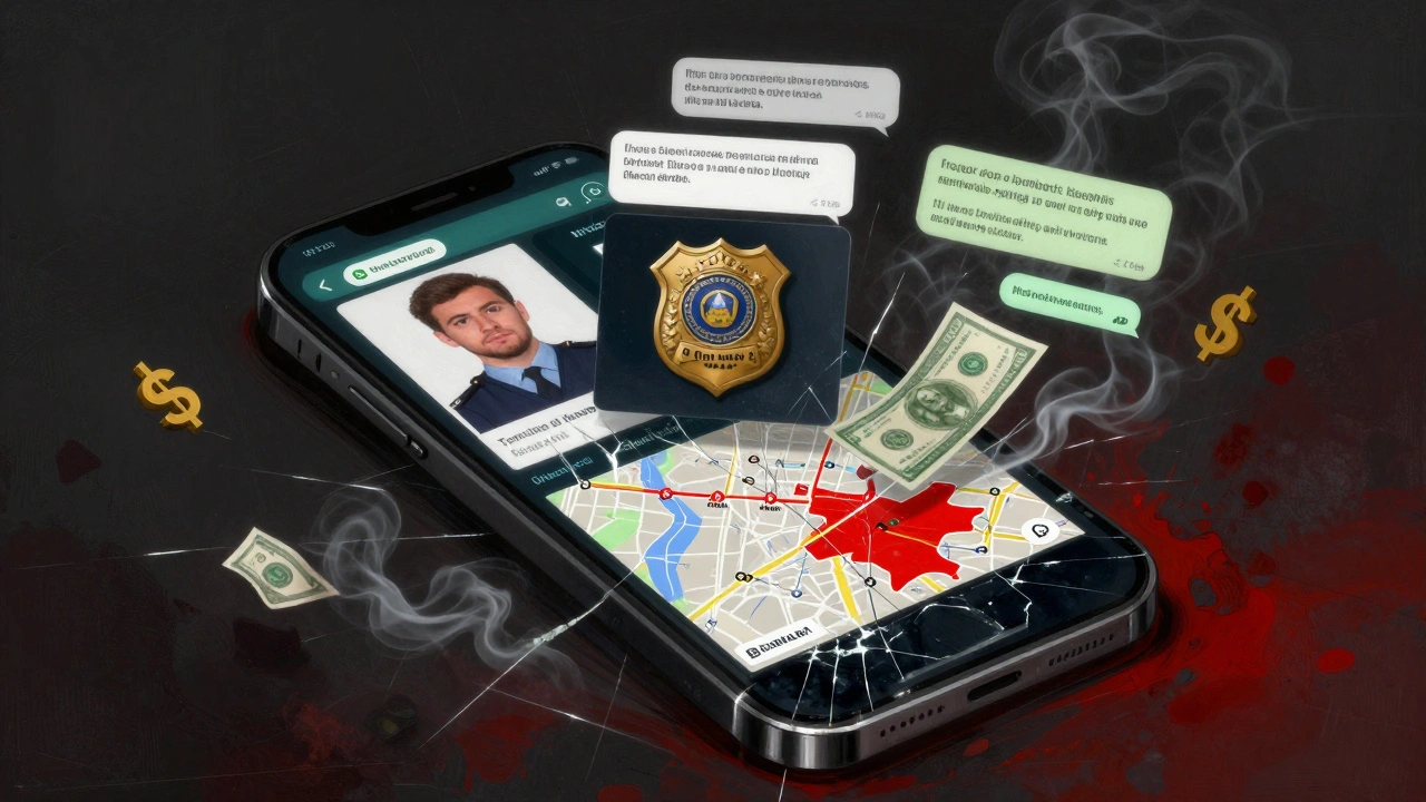 A fractured phone screen shows escort profiles, police symbols, and warning maps, surrounded by dissolving cash and messages.