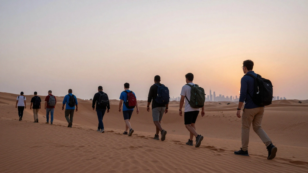 A group of people hiking together at dawn in the Dubai desert, with the city skyline in the distance.