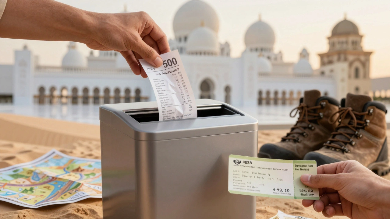 A hand shredding a payment receipt beside a Louvre ticket and hiking boots, with a mosque in the soft background.