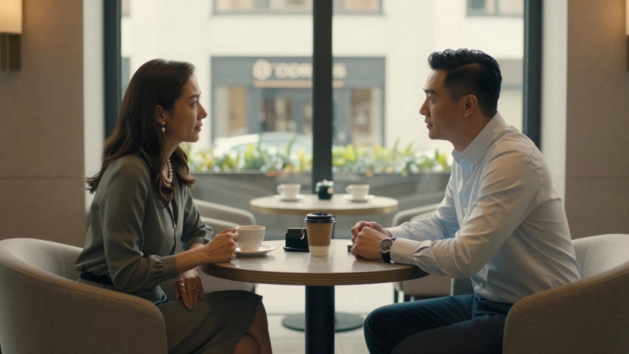 A man and woman having a quiet, respectful conversation over coffee in a luxury Dubai hotel lobby.