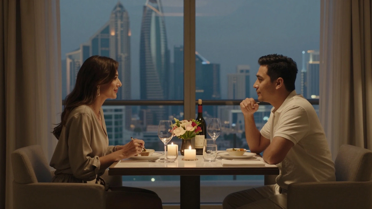A man and woman sharing a quiet dinner in a Palm Jumeirah hotel suite, engaged in thoughtful conversation.
