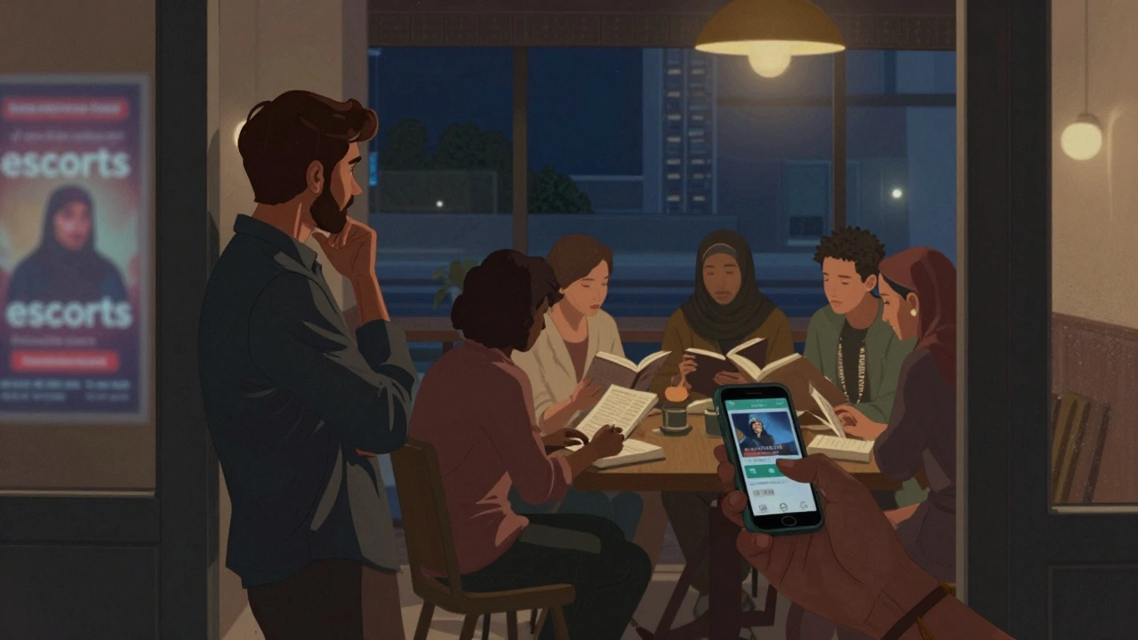 A man hesitating outside a café, looking at a book club inside while a fake escort ad glows on his phone.