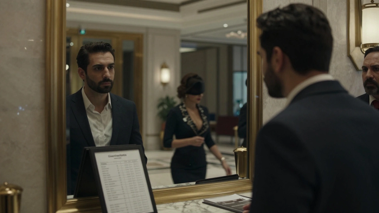 A man in a luxury Dubai hotel lobby is watched by security cameras as a woman walks away, no visitor registered at reception.