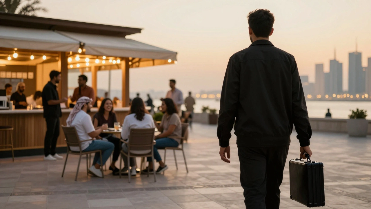 A man turns away from a cash-filled briefcase toward a lively community meetup in Dubai Marina.
