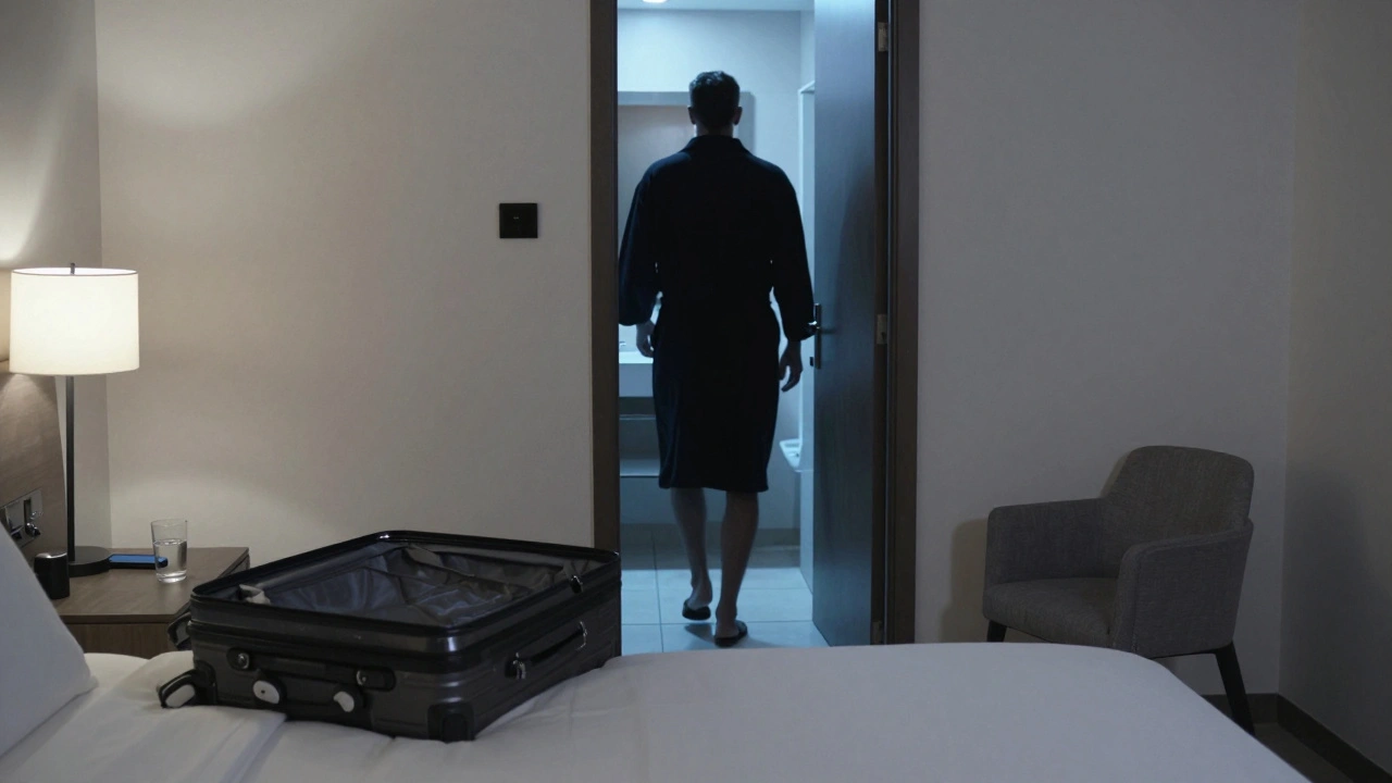 A neatly arranged hotel room in Ajman with a burner phone and open suitcase, no faces visible.