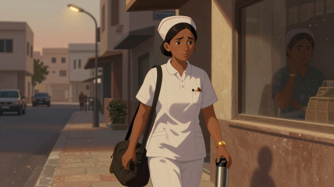 A Nepali nurse walking home after a long shift in Al Barsha, carrying a thermos, under warm streetlights.