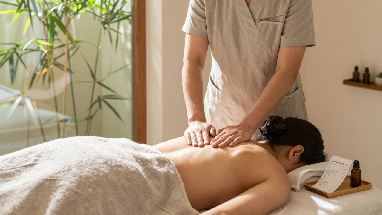 A professional massage therapist giving a calm, legal spa treatment in a bright, elegant Dubai wellness center.