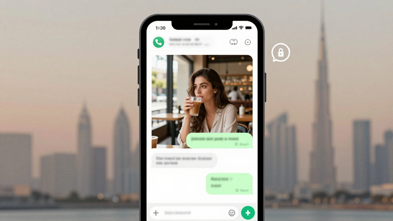 A smartphone displays a private WhatsApp message with a genuine photo of a woman, no text visible, surrounded by discreet digital elements.