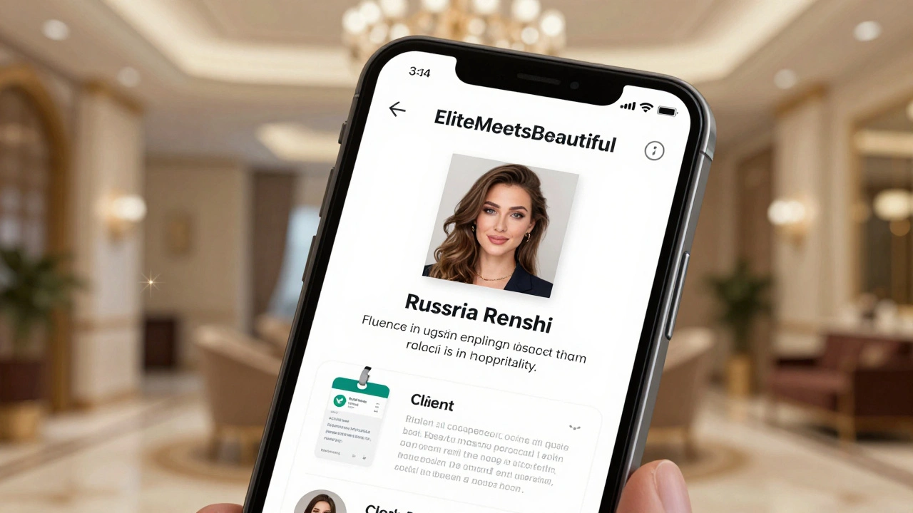 A smartphone screen showing a verified escort profile with clear photo, bio, and client reviews on a professional platform.