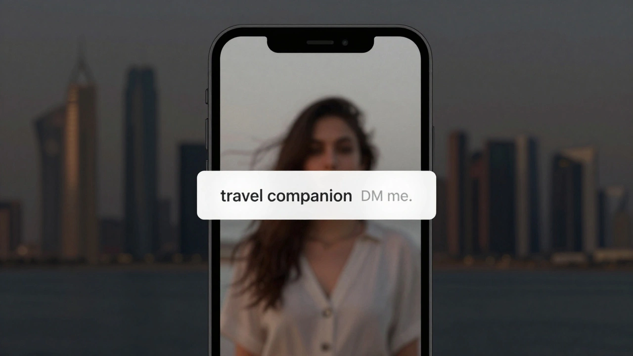 A social media profile on a smartphone with vague text &#039;travel companion&#039; and Sharjah skyline in background.