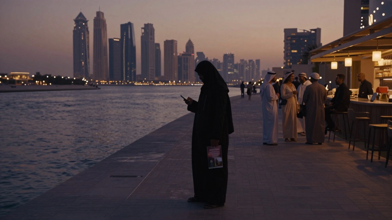 A solitary figure on Dubai Creek at dusk, holding a phone with an escort ad, while others enjoy the city nearby.