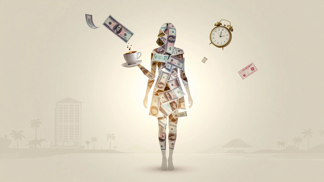 A symbolic illustration of a woman made of money notes dissolving into everyday objects like a coffee cup and passport.