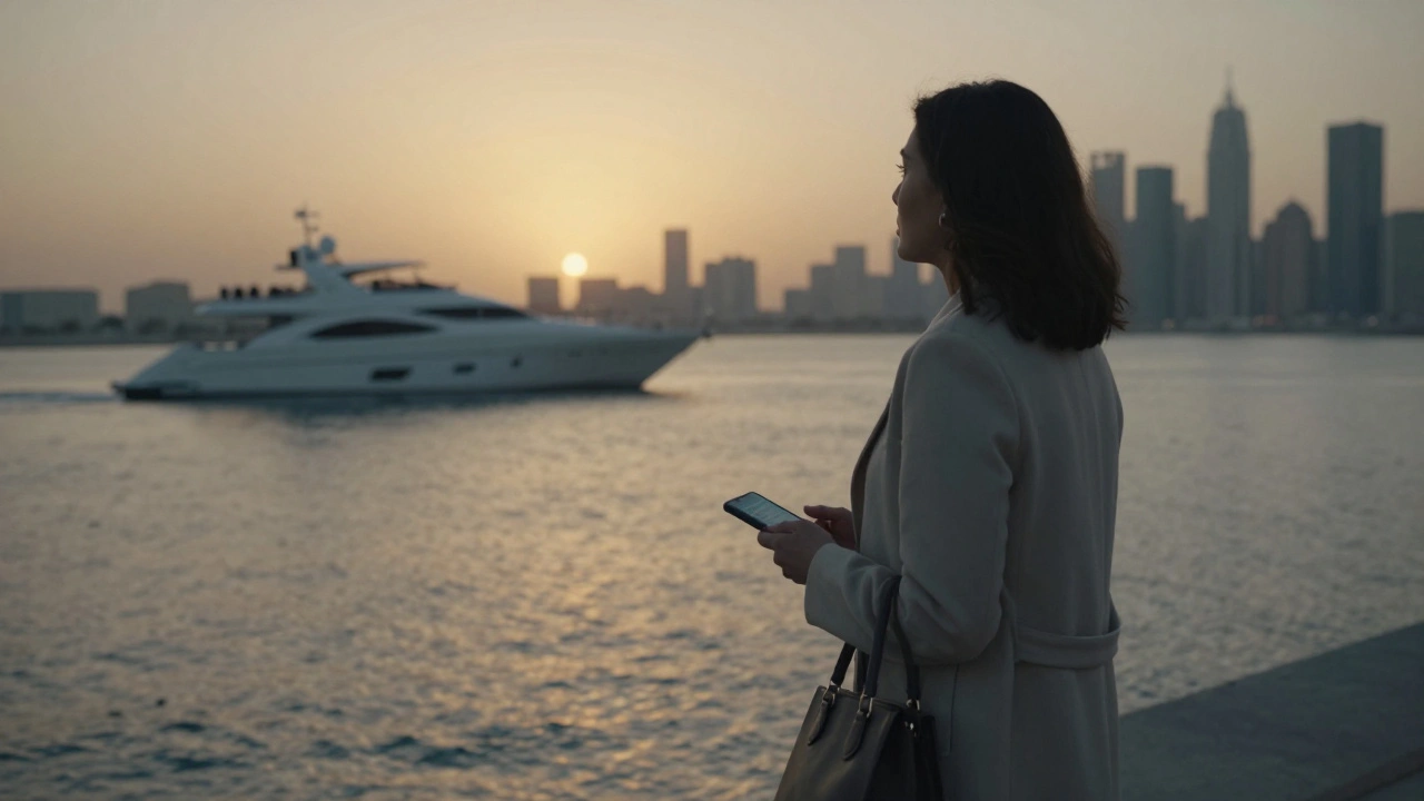 A woman gazing at Dubai Creek at sunset, calm and reflective, with luxury yachts in the distance.