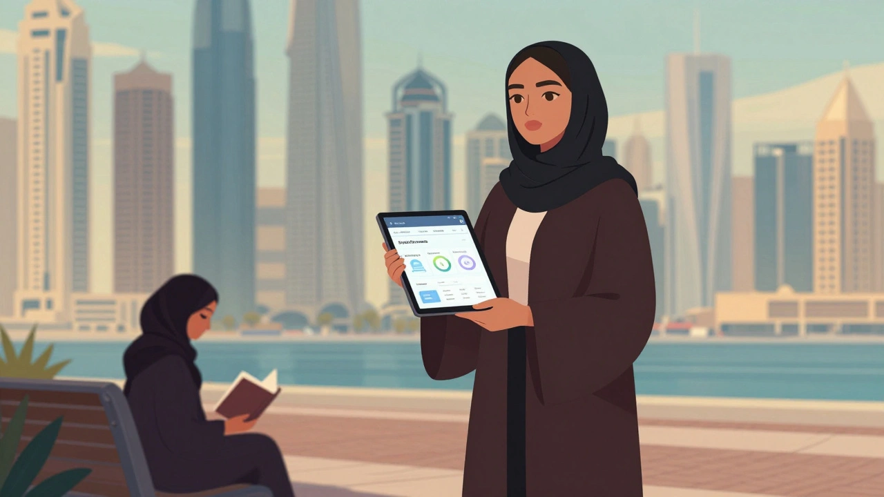 A woman in an abaya standing proudly beside a skyscraper, holding a tablet with a tech interface, sunlight casting soft shadows.