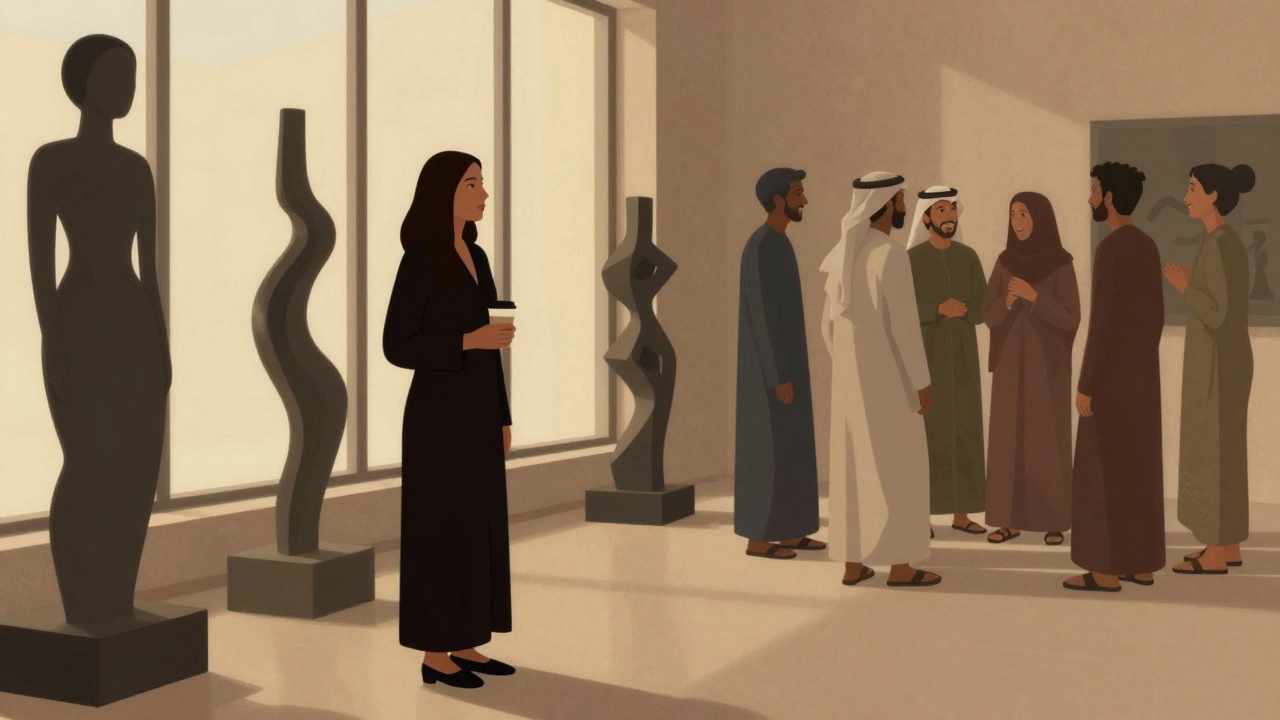 A woman stands quietly at the Sharjah Art Foundation, observing others from a distance in golden evening light.
