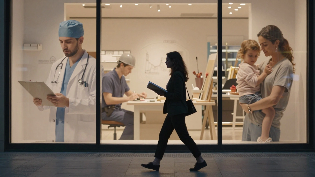 A woman walking alone through Dubai Mall at dusk, surrounded by reflections of city life.
