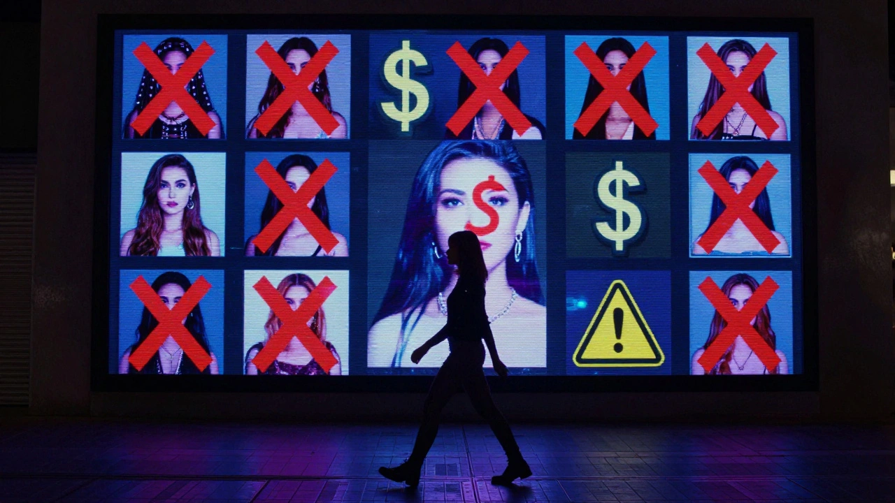 A woman walking confidently past digital fraud displays showing stolen photos and warning symbols.