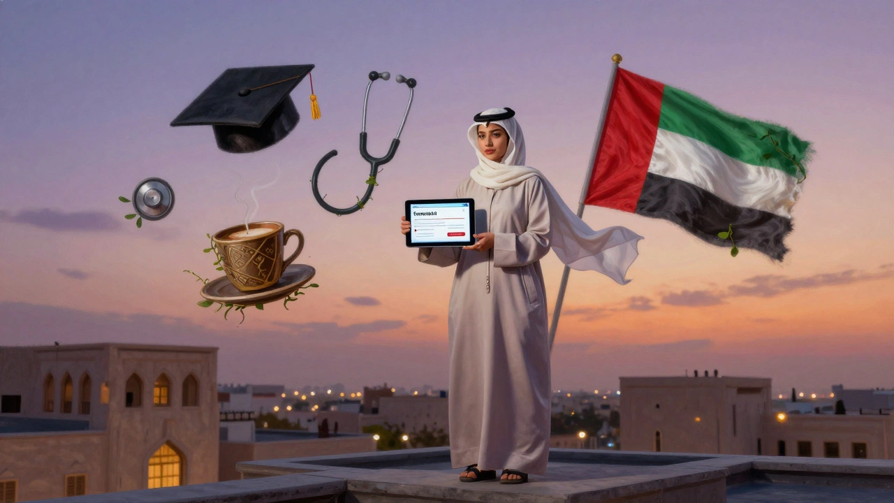 A young Emirati woman on a rooftop holding a tablet, surrounded by symbolic icons of her ambitions and heritage.