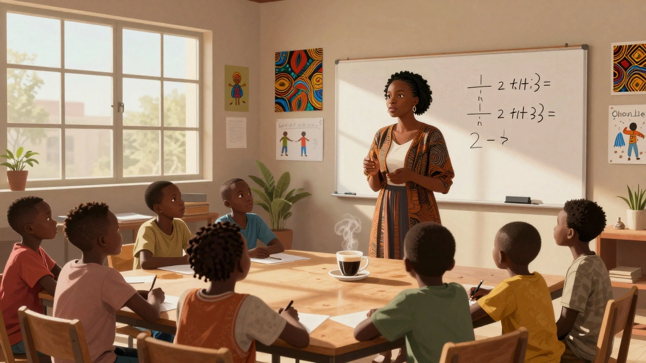 African woman teaching children in a community center, African fabrics on walls, sunlight through windows.