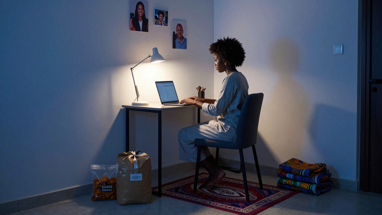 African woman working at her desk at 4 a.m. in a modest apartment, lamp light, prayer mat nearby.