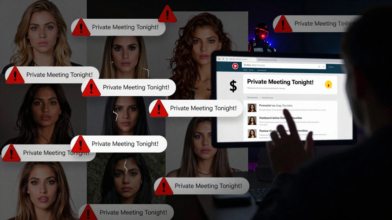 Collage of stolen photos, fake chat messages, and warning symbols representing online scams about Dubai sex services.