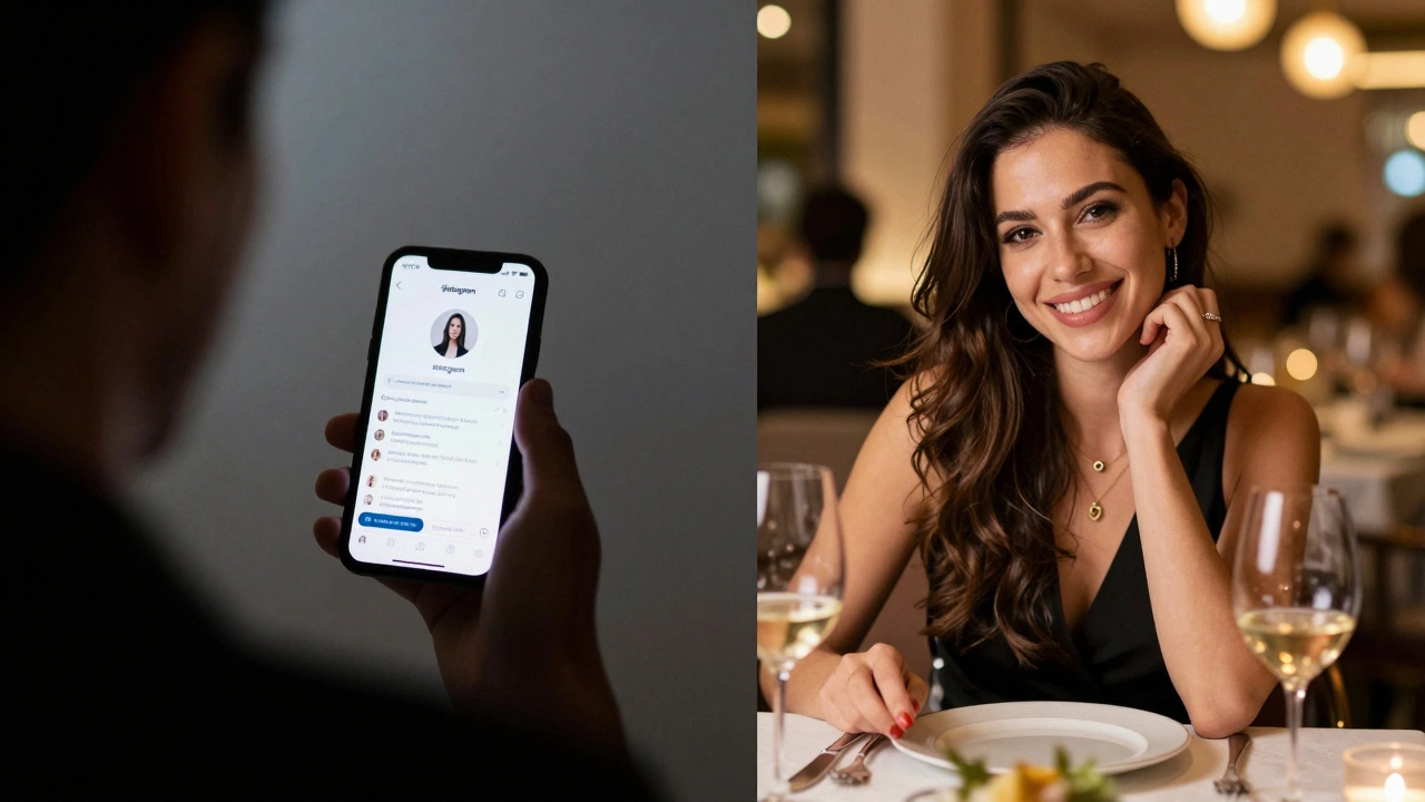 Contrast between a fake online profile and a genuine escort dining in Dubai.