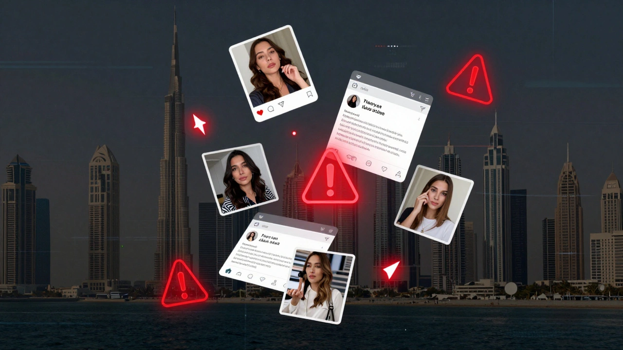 Digital glitch overlay showing stolen photos of women being consumed by fake scam websites.