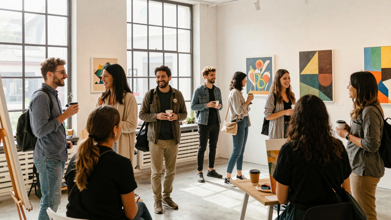 Diverse expats socialize at an art gallery in Dubai, enjoying culture and conversation in bright, welcoming daylight.