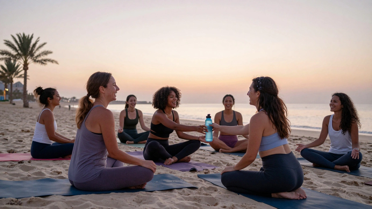 Diverse group enjoying a sunrise yoga session on Jumeirah Beach.